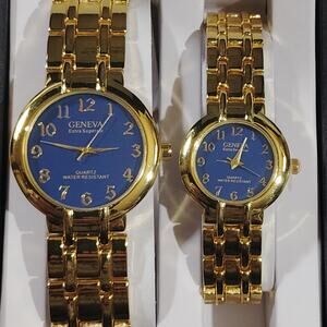 Geneva His & Her Quartz Gold Finish, Blue Dial Watches w/ Battery Tabs, NIB